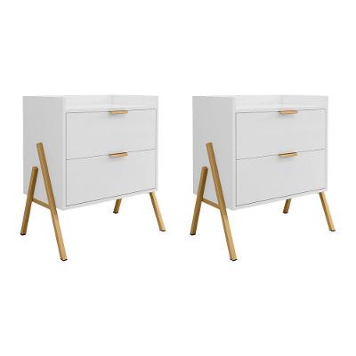 Kit 2 Mesas de Cabeceira Asher 2 Gavetas MDF Moderno Branco com Puxadores em Metal