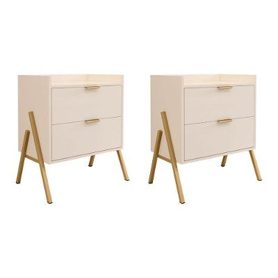 Kit 2 Mesas de Cabeceira Asher 2 Gavetas MDF Retrô Off White 45cm