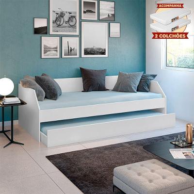 Bicama Solteiro Duo Luxo Sofa Cama Multifuncional com Cama Auxiliar 2 Colchoes MDP MDF Branco Duo