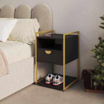 Mesa de Cabeceira Tókio 2 Gavetas Ferro Dourado Tampo Preto Industrial UP Home