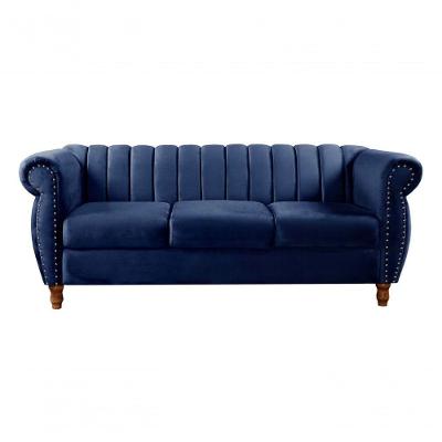 Sofá Realeza 3 Lugares 196CM Azul Veludo Fixo Clássico Bella Decor