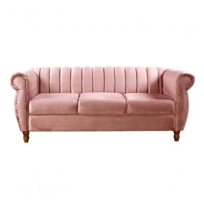 Sofá Realeza 3 Lugares 196CM Fixo Rosê Veludo Estrutura Madeira Bella Decor