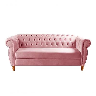Sofá Nobreza 3 Lugares 203CM Rosa Veludo Clássico Estrutura Madeira Bella Decor