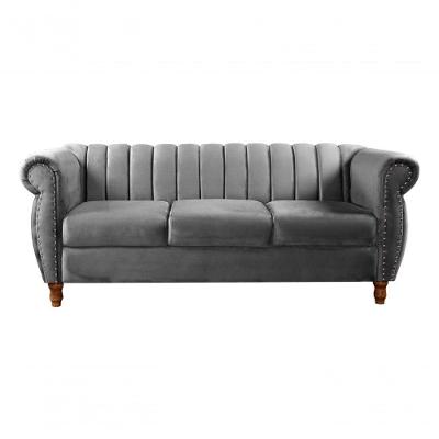 Sofá Realeza 3 Lugares 196CM Cinza Veludo Fixo Clássico Bella Decor