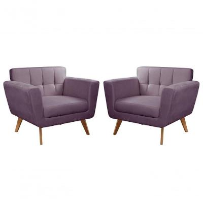 Kit 2 Poltronas Bruna Veludo Pés Palito Espuma D26 Roxo 380 Bella Decor