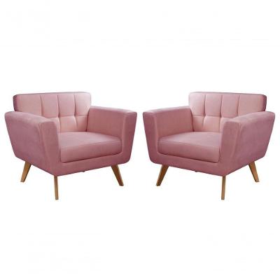 Kit 2 Poltronas Bruna Suede Pés Palito Espuma D26 Rosa 280 Bella Decor