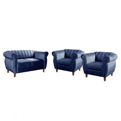 Conjunto de Sofás Realeza 4 Lugares Fixo Azul Veludo Retrô Vintage Bella Decor