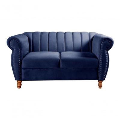 Sofá Realeza 2 Lugares 146CM Azul Veludo Fixo para Sala Bella Decor