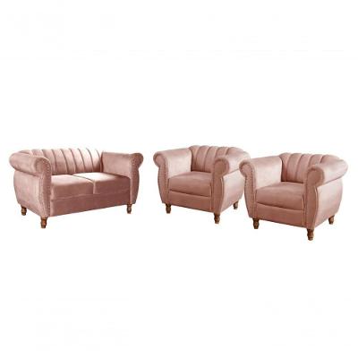Sofá Realeza 4 Lugares Fixo 390CM Rosê Veludo Bella Decor Conjunto 2 1 Madeira