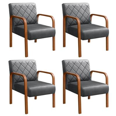 Kit 4 Poltronas Lara Veludo Pés Palito Ergonômicas Cinza 220 Bella Decor