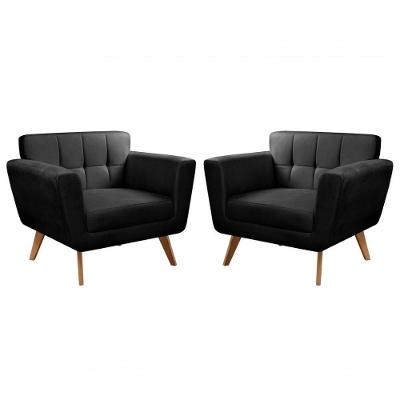 Kit 2 Poltronas Bruna Veludo Pés Palito Espuma D26 Preto 410 Bella Decor