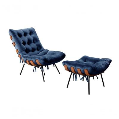 Poltrona Costela com Puff Veludo Azul 210 Pés Metal Bella Decor