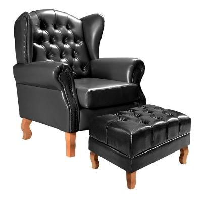 Kit Poltrona e Puff Imperador Espuma Couro Sintético Preto Bella Decor