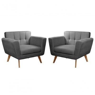 Kit 2 Poltronas Bruna Suede Pés Retos Espuma D26 Cinza Bella Decor