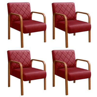 Kit 4 Poltronas Lara Suede Pés Palito Espuma D26 Bordô Bella Decor