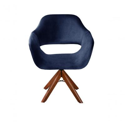 Poltrona Zara Giratória Base Madeira Veludo Assento D28 Azul 210 Bella Decor