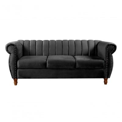 Sofá Realeza 3 Lugares 196CM Preto Veludo Fixo Clássico Bella Decor