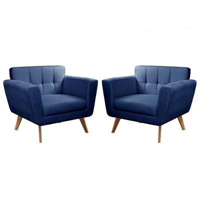 Kit 2 Poltronas Bruna Veludo Pés Madeira Espuma D26 Azul 210 Bella Decor