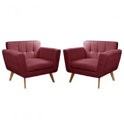 Kit 2 Poltronas Bruna Decorativas Suede com Espuma D26 Confortavel Bordo Bella Decor