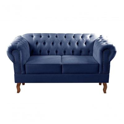 Sofá Dom Pedro 2 Lugares 155CM Azul Veludo Clássico Fixo Bella Decor