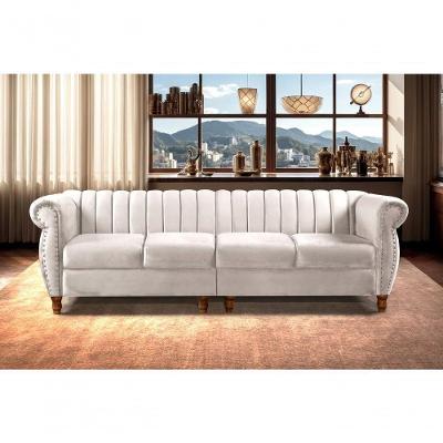 Sofá Realeza 4 Lugares 246CM Bege Suede Fixo Estofado Confortável Bella Decor