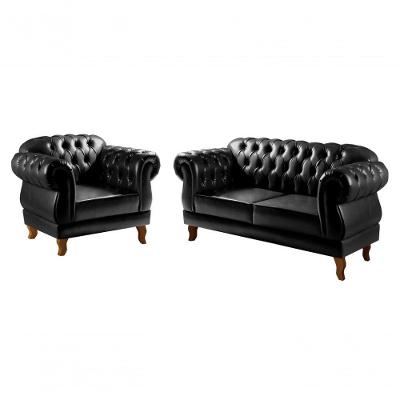 Conjunto de Sofás Duquesa 3 Lugares 155CM Preto Couro Sintético Bella Decor