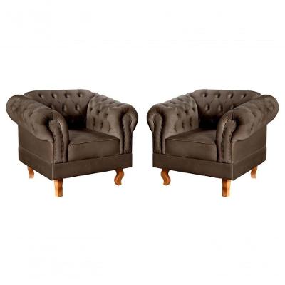 Conjunto 2 Poltronas Dom Pedro Veludo Pés Torneados Marrom Bella Decor