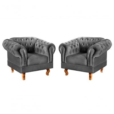 Conjunto 2 Poltronas Dom Pedro Veludo Pés Torneados Cinza Bella Decor