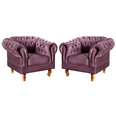 Conjunto 2 Poltronas Dom Pedro Veludo Pés Torneados Roxo Bella Decor
