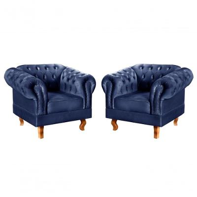 Conjunto 2 Poltronas Dom Pedro Veludo Pés Torneados Azul 210 Bella Decor