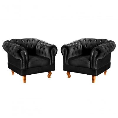 Conjunto 2 Poltronas Dom Pedro Veludo Pés Torneados Preto Bella Decor
