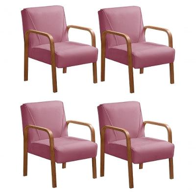 Kit 4 Poltronas Anita Suede com Braços de Madeira Rosa 280 Bella Decor