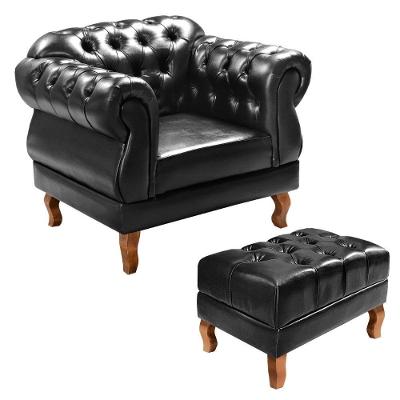 Poltrona Duquesa com Puff Clássica Assento Espuma Revestimento Couro Sintético Preto Bella Decor