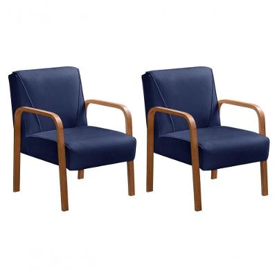 Kit 2 Poltronas Anita Veludo com Braços de Madeira Azul 210 Bella Decor