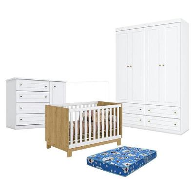 Quarto de Bebê 4 Portas Berço Mini Cama Q Encanto Slim MDF Freijó Branco Acetinado Qmovi