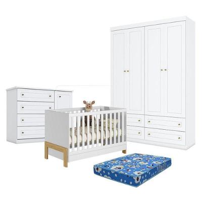 Quarto de Bebê 4 Portas 4 Gavetas Fantasia MDP-MDF Branco Acetinado Qmovi