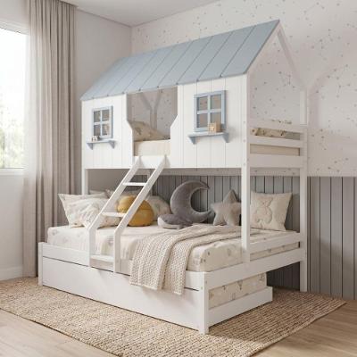 Treliche Casal Casinha Encantada com Auxiliar Madeira Maciça Branco e Azul Housin