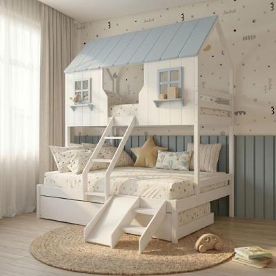 Treliche Casinha Encantada com Escorregador Madeira Maciça Branco e Azul Housin