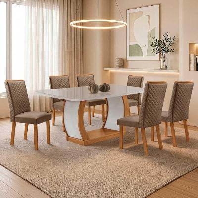 Mesa de Jantar Milena 6 Lugares MDF com Cadeiras Lira Veludo Off White 180CM Moderna