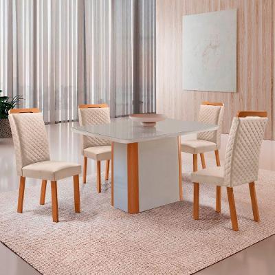 Mesa de Jantar Isadora 4 Lugares MDF Vidro Cadeiras Lorena Veludo Off White 120CM Moderna