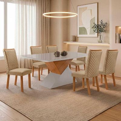 Mesa de Jantar Aster 6 Lugares MDF Vidro Serigrafado Off White 180CM Moderna
