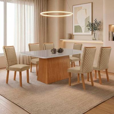 Mesa de Jantar Aida 6 Lugares MDF Vidro Serigrafado Off White 180CM Moderna