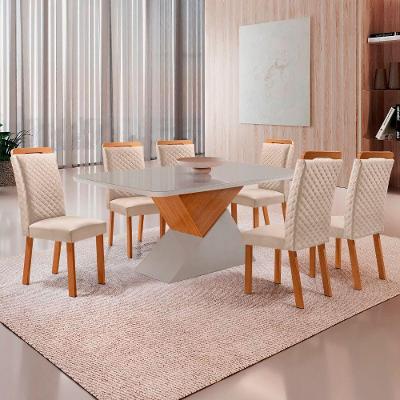 Mesa Aster Lorena 6 Lugares Vidro Serigrafado Cadeiras Veludo Off White 180CM Moderna