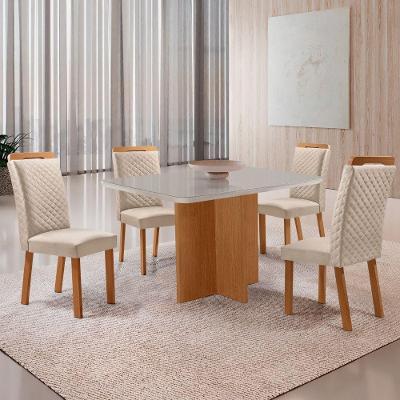 Mesa Olimpia 4 Lugares MDF com Vidro e Cadeiras Lorena Veludo Off White Moderna