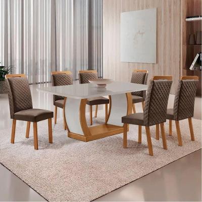 Mesa Jantar Milena 6 Lugares MDF Vidro com Cadeiras Lorena Veludo Off White 180CM Moderna