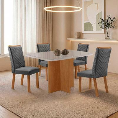 Mesa Jantar Olimpia 4 Lugares MDF e Vidro Cadeiras Lira Linho Off White 120CM Moderna