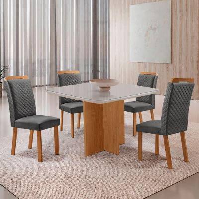 Mesa de Jantar Olimpia 4 Lugares MDF Cadeiras Lorena Linho Off White 90CM Moderna