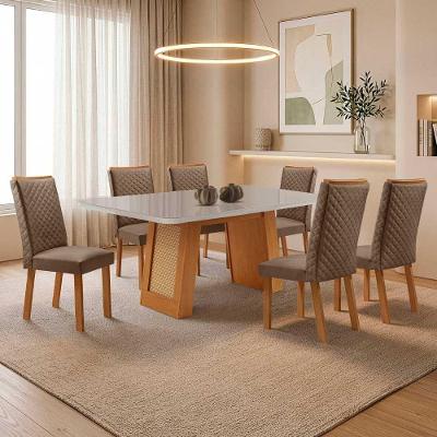 Mesa de Jantar Carolina 6 Lugares MDF e Vidro Cadeiras Veludo Off White 180CM Moderna