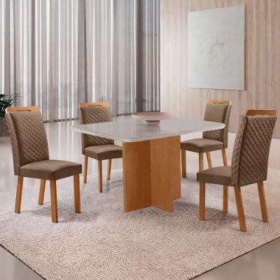 Mesa Jantar Olimpia 4 Lugares MDF Vidro Cadeiras Lorena Veludo Off White Moderna