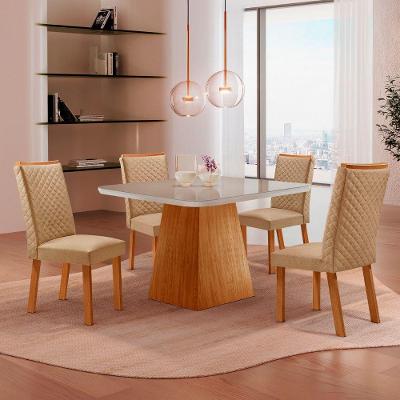 Mesa de Jantar Aida Lira 4 Lugares MDF Vidro Serigrafado Off White Moderna